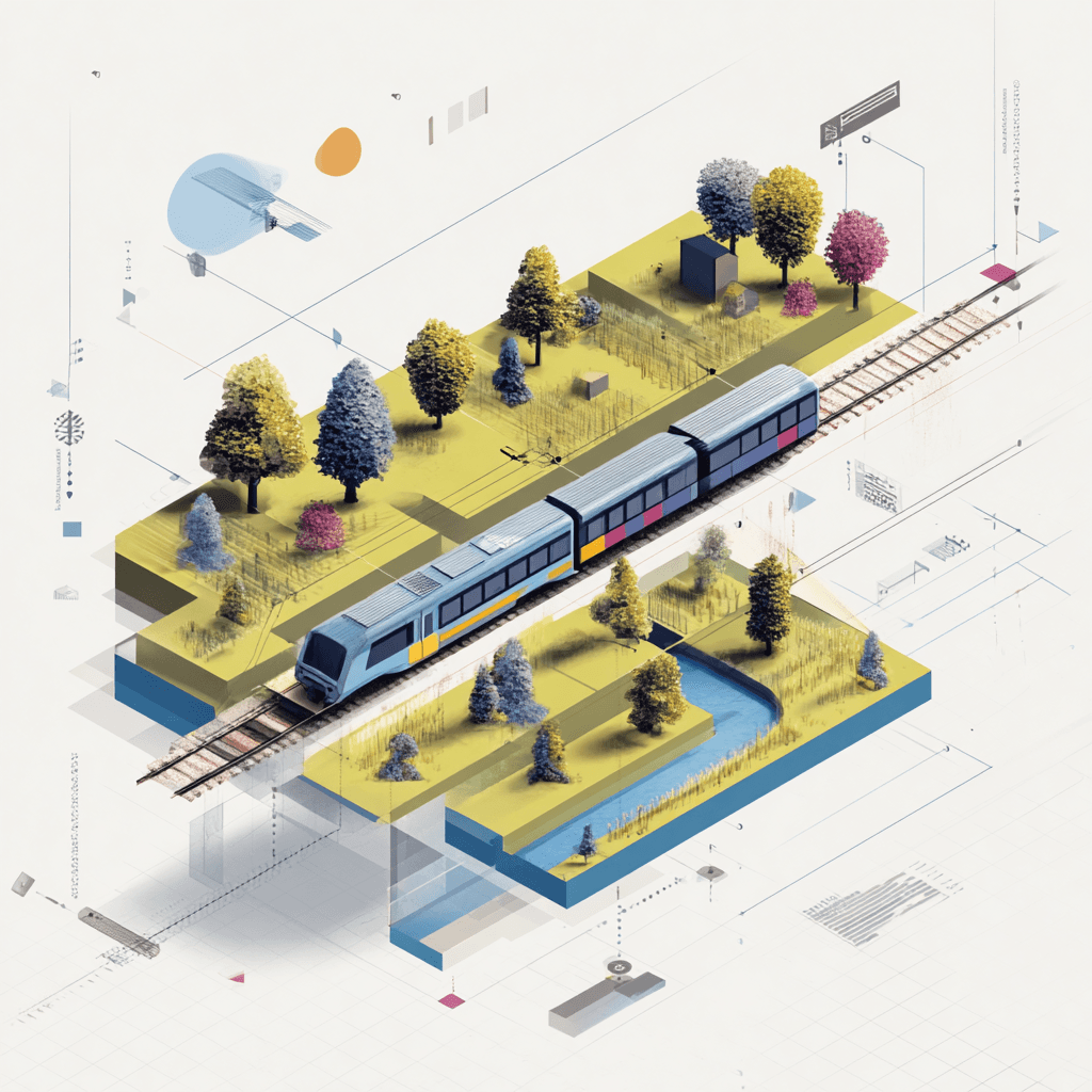Illustrated train passing through the countryside
